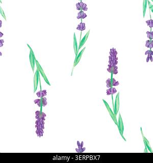 Minimalist seamless watercolor pattern with spaced-out purple lavender sprigs and green leaves isolated on a white background. Ideal for airy and mode Stock Photo