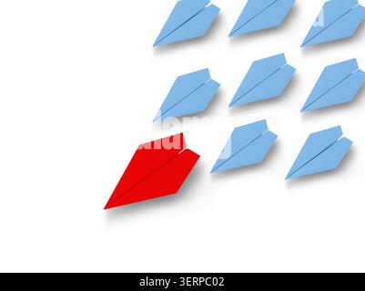 Single red paper airplane flying ahead of arranged blue paper airplanes over white surface Stock Photo