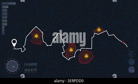 Highway disruptions. Accident road. GPS navigator screen with signs of streets. Closed turns of the route, road. Traffic detours on map. Location Stock Vector