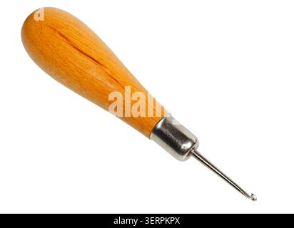 Metal crochet hook with wooden handle isolated on white background Stock Photo