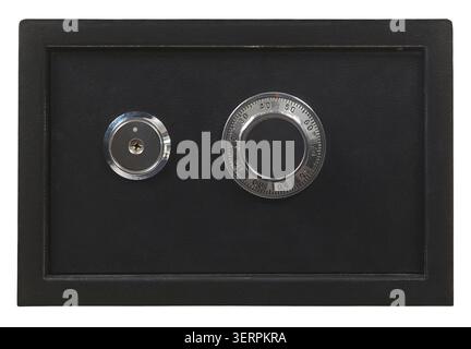Small black steel safe with number lock isolated on white Stock Photo