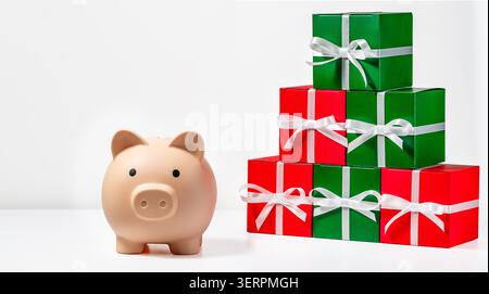 Beige ceramic piggy bank placed left of neatly stacked gift boxes wrapped in green and red paper with contrasting white ribbons, arranged pyramid styl Stock Photo