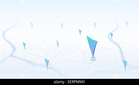 Isometric white city map with scattered blue 3D location pins and river. Vector illustration. Stock Vector