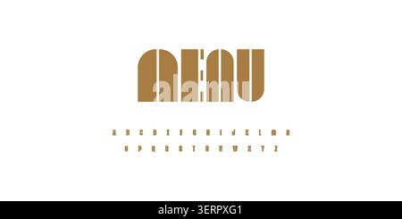 Bold condensed font gold bar alphabet for menu titles, modular geometric blocks letters for restaurant branding, editorial headlines and premium Stock Vector