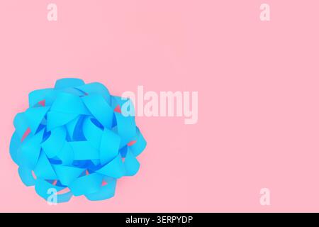 Blue ribbon gift bow for present, greeting card, gift tag, label. Decorative minimal contrast art abstract design symbol on pink background. Stock Photo