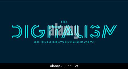 Futuristic linear font neon outline alphabet abstract digital lines typescript for hacker style logo, cyber UI, tech display headline, AI interfaces Stock Vector