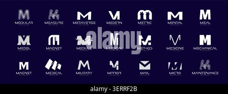 Letter M Logo Collection in Futuristic Tech Style, Modern Geometric Minimalist Creative Branding for Business Identity Design. Monogram Set for Stock Vector