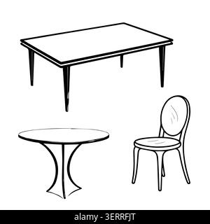 dining table and elegant chair, simple linear pattern.. Vector illustration. A set of furniture silhouettes is isolated against the background. For co Stock Vector