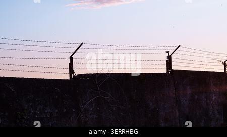 Barbed wire fence on concrete wall against twilight sky Stock Photo