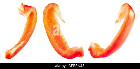 Collection of three fresh, sliced red chili peppers presented on a clean white background. Stock Photo