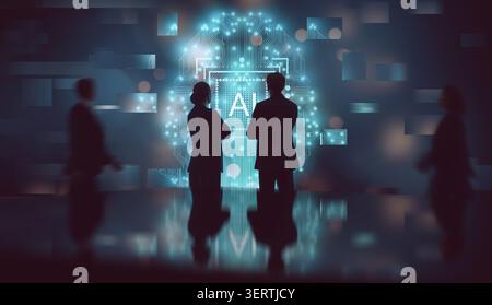 Silhouetted business professionals standing in front of a glowing digital brain and AI interface symbolize the collaboration and forward-thinking mind Stock Photo