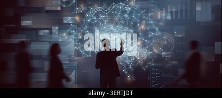 Confident professional engaging with a dynamic digital interface, symbolizing business intelligence, data analytics, and technological innovation. The Stock Photo