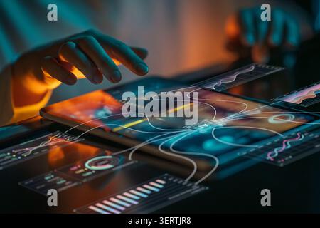 Dynamic and immersive image showcasing a modern business professional interacting with an advanced digital user interface on a tablet, featuring vibra Stock Photo