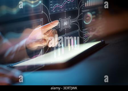 Futuristic business concept showing a professional interacting with an advanced touchscreen interface powered by artificial intelligence. The glowing Stock Photo