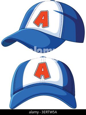 Vector illustration of two blue baseball caps featuring a bold red letter A design. Stock Vector