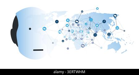 Bright Modern Style Futuristic Machine Learning, Artificial Intelligence, Cloud Computing, Smart City and IoT Networks Design Concept with Translucent Stock Vector
