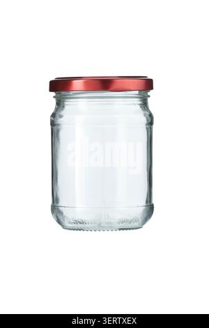 Empty glass jar with red lid ready for food storage or product packaging isolated on white background Stock Photo