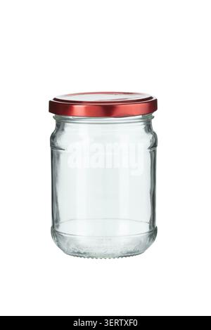Empty glass jar with red lid ready for food storage or product packaging isolated on white background Stock Photo