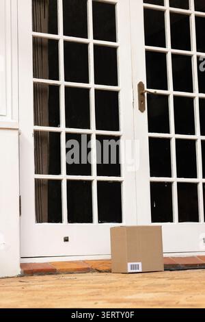 Cardboard delivery box sitting on tiled threshold at white French doors, brass handle visible Stock Photo