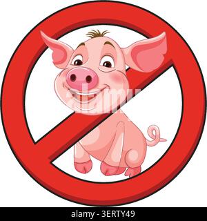 Smiling cartoon pig inside red prohibition symbol, bold lines, flat vector style, white background Stock Vector
