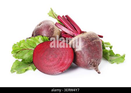 Whole and cut young beets with green leaves isolated on white Stock Photo