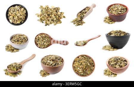 Dried pumpkin seeds isolated on white, set Stock Photo