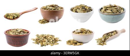 Dried pumpkin seeds isolated on white, set Stock Photo