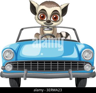 Cute lemur character sits behind wheel of blue convertible, front view, vector illustration Stock Vector