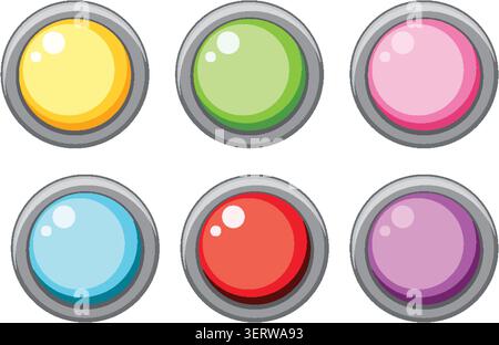 Six round glossy buttons in pastel colors, metallic borders, flat vector style, top view Stock Vector