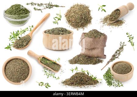Dried thyme isolated on white, set. Aromatic herb Stock Photo