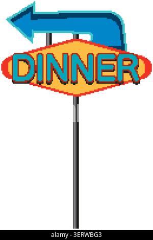 Vintage diner sign vector illustration with bold colors and directional arrow in classic Americana style. Stock Vector