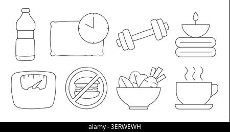 Wellness health lifestyle outline icons set line art illustration elements. Stock Vector