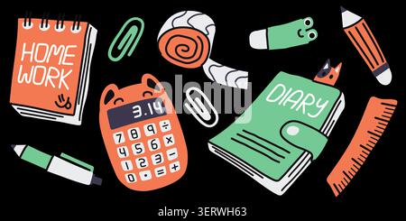 Classroom stationery collection on black background including a cute cat diary, orange calculator, homework notebook, colorful ruler, pen, pencil Stock Vector