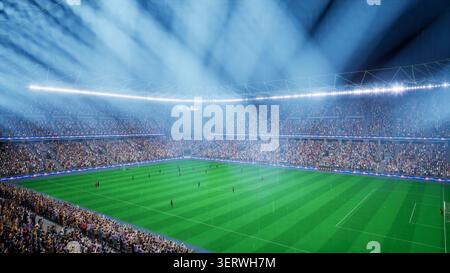 3D rendered soccer players running across stadium turf during rainy night match. Computer graphics simulation of rain on football arena lit by floodlights with athletes competing in global cup Stock Photo