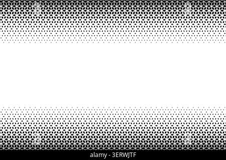 Top and bottom borders with faded cubic shapes pattern. Vanishing cubes background. Minimalistic abstract geometric print. Banner with disappearing diamond forms. Vector graphic illustration. Stock Vector