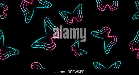 A seamless glowing butterflies. Neon glow effect. 3D vector illustration on black background. Stock Vector
