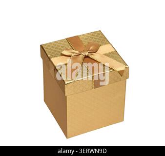 Golden square shape Christmas holiday gift box isolated cutout on white background Stock Photo