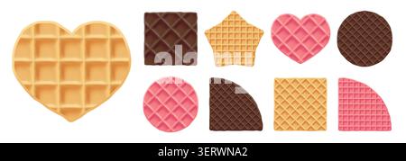 Vector heart waffle, wafer chocolate seamless texture, Belgian star cookie icon. Square pattern and pink round biscuit, Belgian creamy caramel cake bg Stock Vector