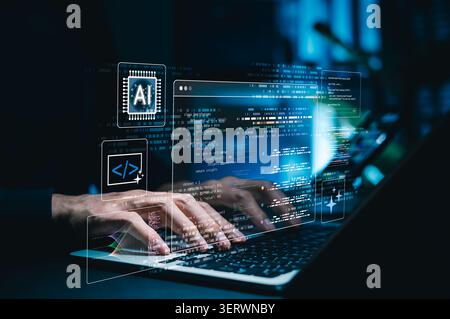 AI software development and code automation concept. Developer or programmer using laptop with programming interface, AI chip, code panels, data Stock Photo