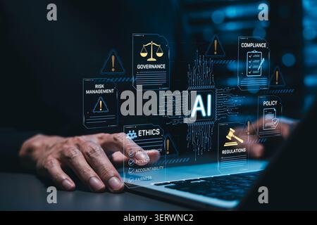 AI governance and ethics compliance framework concept, responsible AI control, Person using laptop with icons for risk management, regulations, policy Stock Photo