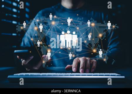 Global network communication concept with virtual world map icons for digital workforce connection, online community, collaboration, remote teamwork, Stock Photo