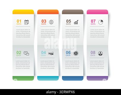 Business infographic column vertical timeline template 8 options steps layout charts. Stock Vector