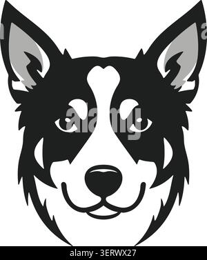 Flat illustration of a black and white collie dog face with pointed ears fluffy fur and bright eyes Stock Vector