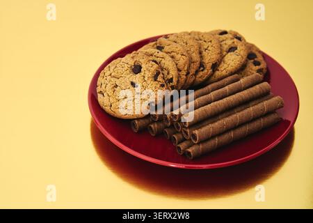 Oatmeal cookies and wafer rolls with cocoa Stock Photo