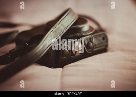 A Camera in its Leather Case. Stock Photo