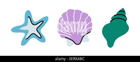 Light blue starfish, purple scallop, and green snail shell vector icons isolated on white background. Minimal flat marine elements trio for summer Stock Vector