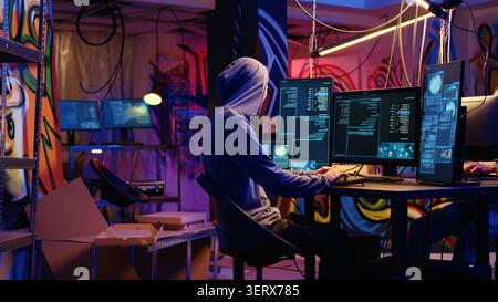 Hackers in secret bunker using phishing technique that tricks users into revealing sensitive information, rogue programmers stealing passwords from low security systems using cyber attacks. Stock Photo