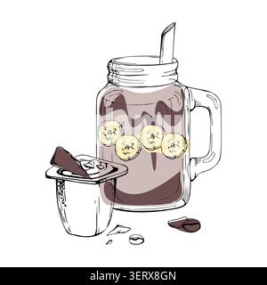 Cocoa yogurt smoothie in mason jar mug with banana coin rings, chocolate drip, coffee beans. Hand drawn ink vector. Picnic menu cards, brunch boards Stock Vector
