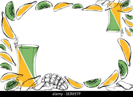 Tropical frame with smoothie drink glasses, mango and kiwi slices, citrus peel. Exotic fruit border hand drawn ink vector illustration. Travel cafe Stock Vector