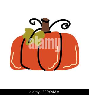 Pumpkin vector illustration with green leaf and curly stem isolated on white. Orange autumn harvest icon. Hand drawn fall squash element for Halloween Stock Vector